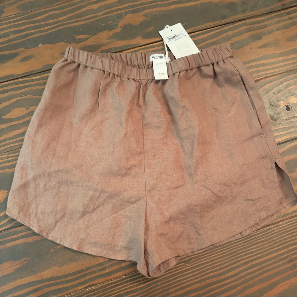 Vitamin A Tallows Linen Shorts Small Java Brown Elastic Waist Minimalist NWT - Picture 3 of 6